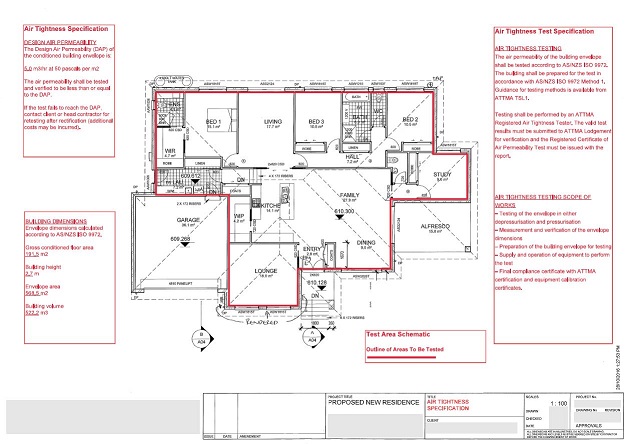 an example of a specification for air tightness and air tightness testing on a residential project:
